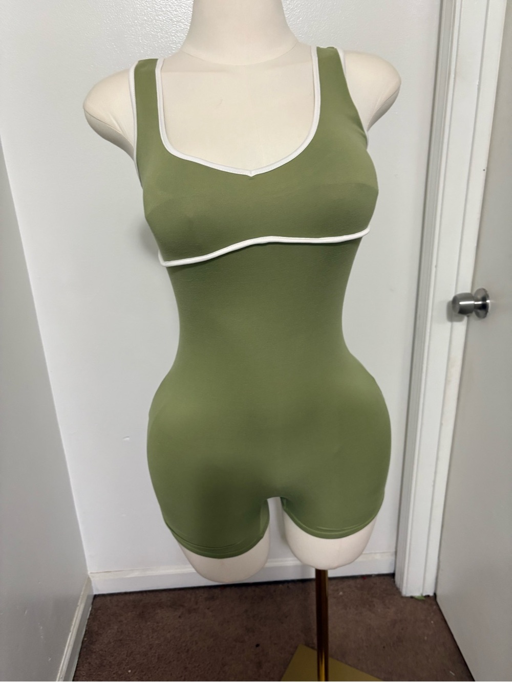 Heart & Hips Olive Green Tank Romper with White Trim NWT